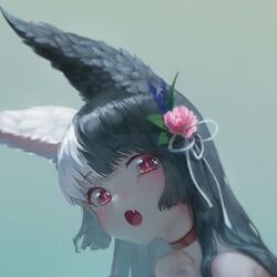  :o absurdres ak4t alice_mana animal_ear_fluff animal_ears bare_shoulders black_hair blunt_bangs choker commentary_request female flower fox_ears green_background hair_flower hair_ornament hair_over_shoulder hair_ribbon highres indie_virtual_youtuber looking_at_viewer multicolored_hair oerba_yun_fang photoshop_(medium) pink_flower red_choker red_eyes ribbon sidelocks solo sparkling_eyes two-tone_hair upper_body virtual_youtuber white_hair white_ribbon 