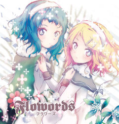  2girls album_cover blackletter blonde_hair blue_eyes commentary_request cover green_eyes green_hair gumi hair_ornament hairband hairpin kagamine_rin mikuriya_wata multiple_girls vocaloid 