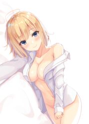  bare_shoulders blonde_hair blue_eyes blush breasts cleavage closed_mouth collarbone collared_shirt commentary_request cowboy_shot female hatsu_(first_snow) large_breasts long_sleeves looking_at_viewer lying naked_shirt navel off_shoulder on_side open_clothes open_shirt original shirt short_hair smile solo white_background white_shirt 