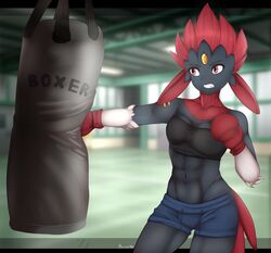  abs absurd_res alisa-walker anthro boxing female generation_4_pokemon hi_res nintendo pokemon pokemon_(species) solo sport thebes_(velociripper) training weavile 