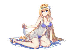  absurdres bare_legs bare_shoulders bikini blonde_hair blue_bikini blue_eyes blue_nails breasts cleavage commentary_request dress female flower granblue_fantasy hair_between_eyes hair_flower hair_ornament hairband hand_rest hfp~kubiao highres jeanne_d&#039;arc_(granblue_fantasy) jeanne_d&#039;arc_(summer)_(granblue_fantasy) long_hair looking_at_viewer nail_polish official_alternate_costume sandals see-through simple_background sitting solo swimsuit toes very_long_hair white_background yokozuwari 