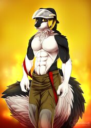  2019 abs anthro armor beretta_fusion canid canine canis clothed clothing costume digital_media_(artwork) firefighter fur headgear helmet looking_at_viewer male mammal muscular muscular_anthro muscular_male nanukkluik pecs smile solo standing straps topless turnout_gear uniform wolf 