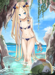  abigail_williams_(fate) ball beachball bikini black_hair blonde_hair blue_bikini blue_bow blue_sky blurry blurry_foreground blush bow breasts brown_footwear cloud collarbone commentary_request day depth_of_field fate/grand_order fate_(series) female hairbow high_heels holding horizon leaning_forward long_hair navel ocean one_side_up orange_bow outdoors parted_lips pixiv_fate/grand_order_contest_2 purple_bow sandals signature sky small_breasts solo_focus standing swimsuit tyone unworn_sandals very_long_hair wading water 