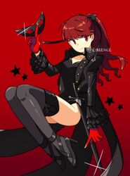  artist_name black_leotard black_thighhighs boots bow coattails commentary cropped_jacket english_commentary female frilled_sleeves frills full_body gloves hairbow high_heel_boots high_heels lens_flare leotard long_hair mask persona persona_5 persona_5_the_royal ponytail red_background red_eyes red_gloves red_hair roirence simple_background solo star_(symbol) sword thigh_boots thighhighs twitter_username unworn_mask weapon yoshizawa_kasumi 