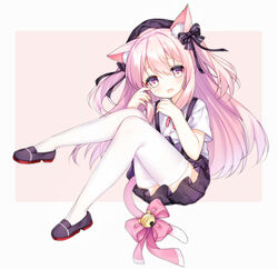  animal_ear_fluff animal_ears azur_lane bell black_footwear black_hat black_skirt cat_ears cat_tail commentary_request female full_body hand_to_own_mouth hat jingle_bell kisaragi_(azur_lane) kisaragi_(retrofit)_(azur_lane) legs_up long_hair open_mouth pink_background pink_eyes pink_hair ribbon school_uniform shirt shoes short_sleeves simple_background sitting skirt solo suspender_skirt suspenders tail tail_ornament tail_ribbon tengxiang_lingnai thighhighs two_side_up white_shirt white_thighhighs 