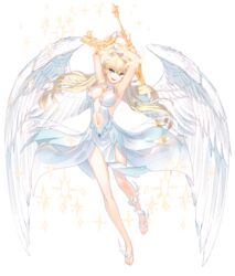  11girl absurdres angel black_background blonde_hair blue_eyes closers feet full_body highres long_hair navel official_art solo toes weapon white_clothes white_skin white_wings wings yuri_seo 