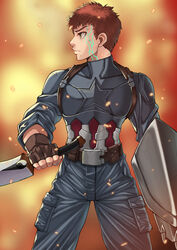  1boy absurdres avengers:_infinity_war avengers_(series) belt blue_pants brown_gloves brown_hair captain_america captain_america_(cosplay) commentary cosplay embers emiya_shirou fate/stay_night fate_(series) fingerless_gloves fire gloves highres holding holding_sword holding_weapon kanshou_&amp;_bakuya_(fate) looking_to_the_side magic_circuit male_focus marvel marvel_cinematic_universe nanni_jjang pants photoshop_(medium) profile reverse_grip scratches serious shield solo star_(symbol) sword weapon yellow_eyes yin_yang 