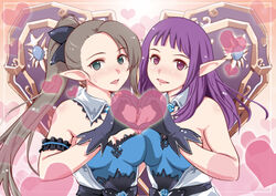  2girls alternate_costume artist_request bare_shoulders blush bow breast_press breasts brown_eyes brown_hair dosarta_(king&#039;s_raid) elf embarrassed gloves hairbow heart king&#039;s_raid long_hair looking_at_viewer medium_breasts multiple_girls open_mouth pointy_ears ponytail purple_eyes purple_hair selene_(king&#039;s_raid) shield shiny shiny_hair shiny_skin smile sweatdrop very_long_hair 