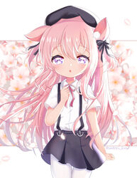  :o anchor animal_ear_fluff animal_ears azur_lane beret black_bow black_hat black_skirt blush bow cat_ears collared_shirt commentary_request cowboy_shot female flower hair_between_eyes hairbow hand_up hat kisaragi_(azur_lane) kisaragi_(retrofit)_(azur_lane) long_hair looking_at_viewer neck_ribbon pantyhose parted_lips petals pink_hair pleated_skirt purple_eyes red_ribbon ribbon satori_(ymoy) shirt short_sleeves skirt solo striped striped_bow suspender_skirt suspenders thigh_gap twitter_username very_long_hair white_flower white_pantyhose white_shirt 