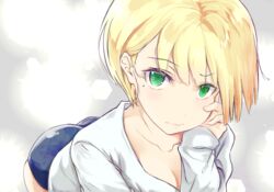  absurdres blonde_hair blue_eyes breasts buruma cleavage collarbone collared_shirt commentary_request female green_eyes hand_on_own_cheek hand_on_own_face highres large_breasts long_sleeves looking_at_viewer mole mole_under_eye original shirt short_hair shugaru solo white_shirt 