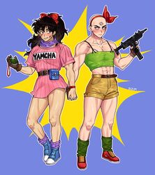  2boys ^^^ abs artist_name bald belt black_eyes black_hair blue_background blush boots bracelet brown_gloves bulma_(cosplay) bulma_briefs character_name clothes_writing commentary cosplay crossdressing dizim dragon_ball dragon_ball_(classic) dragon_radar dress embarrassed fanny_pack finger_on_trigger fingernails frown full_body gloves green_legwear gun hair_ribbon hairband highres holding holding_gun holding_hands holding_weapon interlocked_fingers jewelry long_hair looking_at_another looking_away lunch_(bad)_(dragon_ball) lunch_(dragon_ball) lunch_(dragon_ball)_(cosplay) male_focus multiple_boys muscular muscular_male nervous_smile pink_dress ponytail purple_legwear purple_scarf red_footwear red_hairband red_ribbon ribbon scar scar_on_cheek scar_on_face scarf shirt shoes short_dress shorts simple_background single_glove smile sneakers socks spread_legs standing standing_on_one_leg sweatdrop symbol-only_commentary tank_top tenshinhan thighs third_eye tight_clothes tight_shirt veins weapon yamcha 