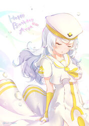  absurdres anya_dostoyevskaya aria_(manga) aria_the_avvenire arms_behind_back beret birthday blush bubble closed_eyes commentary_request dress female fingerless_gloves gloves happy_birthday hat highres long_hair nut_megu orange_planet_uniform sailor_collar solo uniform white_background white_dress white_hair 