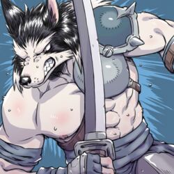  1:1 abs ain_macdougal angry anthro armor biceps black_body black_fur black_nose blue_background bodily_fluids breastplate canid canine canis clenched_teeth clothing feda:_the_emblem_of_justice fur gloves half-length_portrait handwear hi_res inner_ear_fluff male mammal melee_weapon muscular muscular_anthro muscular_male nipples pecs portrait shoulder_guards simple_background solo sunspotfish sweat sword teeth tuft weapon white_body white_fur wolf 