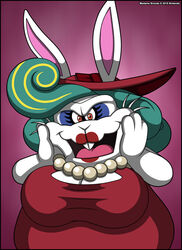  anthro big_breasts breasts broodal clothed clothing female fur hat headgear headwear jewelry lagomorph leporid lipstick madame_broode makeup mammal mario_bros necklace nintendo overweight overweight_anthro overweight_female rabbit red_lipstick simple_background solo super_mario_odyssey verona7881 