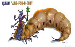  2013 alien arthropod arthropod_taur blue_body blue_skin breasts earthworm_jim_(series) emersontung female grub_(insect) insect_taur insects larva non-mammal_breasts queen_slug-for-a-butt scepter solo taur text url yellow_body yellow_skin 