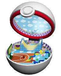  ball basketball basketball_(object) basketball_court basketball_hoop checkered commentary_request halfpipe n&#039;s_room no_humans open_poke_ball photoshop_(medium) pikachu poke_ball pokemon pokemon_(creature) premier_ball ruun_(abcdeffff) toy toy_airplane toy_train 