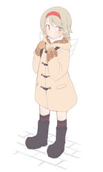  backpack bad_id bad_pixiv_id bag black_footwear black_socks blush boots brown_coat brown_eyes brown_mittens closed_mouth coat cosplay female full_body hair_between_eyes hairband holding_strap hood hood_down hooded_coat idolmaster idolmaster_cinderella_girls kanon knee_boots kneehighs light_brown_hair light_smile long_hair long_sleeves mittens morikubo_nono photoshop_(medium) red_hairband ribbed_sweater simple_background sleeves_past_wrists socks solo standing sweater tsukimiya_ayu tsukimiya_ayu_(cosplay) turtleneck turtleneck_sweater uccow white_background white_sweater 