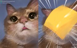  2019 ambiguous_gender blush cheese cheese_singles cheese_slap dairy_products domestic_cat felid feline felis food hi_res humor mammal meme realistic senz solo text url 