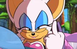  anthro bat breastplate car driving edit eyelashes green_eyes lipstick middle_finger pointy_ears rouge_the_bat sega shaded_face smile smug sonic_(series) speed_lines team_sonic_racing tree white_fur white_hair windshield 