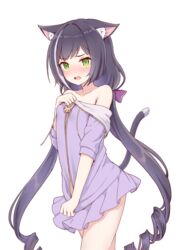  animal_ear_fluff animal_ears bare_legs bare_shoulders black_hair blush bow cardigan cat_ears cat_girl cat_tail commentary d: drill_hair embarrassed female furrowed_brow green_eyes hairbow isao_(wasamoti) karyl_(princess_connect!) long_hair multicolored_hair nose_blush oerba_yun_fang open_mouth princess_connect! simple_background skirt solo streaked_hair tail twintails very_long_hair white_background white_hair zipper 