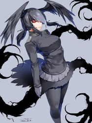  bird_tail bird_wings black_hair black_jacket black_wings breasts commentary female gloves grey_background grey_gloves grey_hair grey_skirt hair_ornament hair_wings happa_(cloverppd) jacket kemono_friends long_sleeves medium_breasts medium_hair military_jacket multicolored_hair pantyhose red_eyes simple_background skirt solo standing tail talons wings yatagarasu_(kemono_friends) 