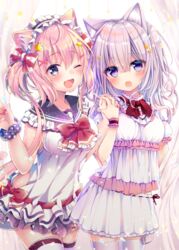  2girls ;d animal_ear_fluff animal_ears black_hairband black_scrunchie blush breasts cat_ears cat_girl cat_tail collaboration commentary_request curtains dress fingernails frilled_hairband frills hair_ornament hairband hairclip holding_hands interlocked_fingers konno_kengo long_hair medium_breasts multiple_girls nail_polish nemuri_nemu oerba_yun_fang one_eye_closed open_mouth original pink_hair pleated_dress polka_dot polka_dot_scrunchie puffy_short_sleeves puffy_sleeves red_nails scrunchie short_sleeves silver_hair small_breasts smile star_(symbol) star_hair_ornament tail tail_raised thighhighs two_side_up white_dress white_legwear wrist_cuffs wrist_scrunchie 