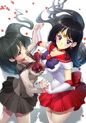  2girls absurdres back_bow bishoujo_senshi_sailor_moon black_hair bow brooch choker circlet closed_mouth commentary_request cowboy_shot dual_persona earrings elbow_gloves gloves grey_sailor_collar grey_shirt grey_skirt heart heart_brooch highres hino_rei holding_hands interlocked_fingers jewelry long_hair looking_at_viewer magical_girl multiple_girls open_mouth petals pleated_skirt purple_bow purple_eyes red_bow red_choker red_sailor_collar red_skirt ruba_(akiraoe_84) sailor_collar sailor_mars sailor_senshi_uniform school_uniform serafuku shadow shirt skirt smile standing star_(symbol) star_choker super_sailor_mars ta_girls_school_uniform white_gloves 