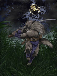  ain_macdougal belt bottomwear canid canine canis charging clothing detailed_background feda:_the_emblem_of_justice fur grass grey_body grey_fur hair hi_res leg_wraps loincloth long_hair looking_at_viewer male mammal melee_weapon moon muscular muscular_male night outside plant running scabbard solo sword tree weapon wolf wraps wrist_wraps yoshitaka_tamaki 