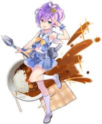  aqua_eyes arm_up azur_lane blush curry curry_rice female food full_body grey_footwear javelin_(azur_lane) javelin_(let&#039;s_become_waitresses!)_(azur_lane) kneehighs knife loafers looking_at_viewer official_alternate_costume official_art ohara_tometa plate purple_hair rice shoes short_hair smile socks solo spoon transparent_background white_socks 