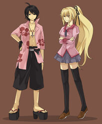  1boy araragi_koyomi bad_id bad_pixiv_id bakemonogatari cosplay female geta hiyo_kiki kiss-shot_acerola-orion_heart-under-blade legs long_hair monogatari_(series) naoetsu_high_school_uniform open_clothes open_shirt oshino_meme oshino_meme_(cosplay) oshino_shinobu ponytail school_uniform senjougahara_hitagi senjougahara_hitagi_(cosplay) shirt shorts thighhighs very_long_hair zettai_ryouiki 