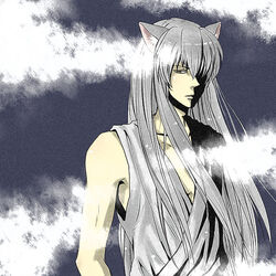  1boy animal_ears bad_id bad_pixiv_id emem fog fox_ears grey_hair long_hair male_focus photoshop_(medium) solo very_long_hair youko_kurama yu_yu_hakusho 