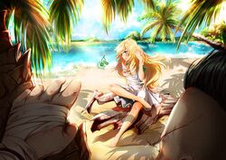  1boy bandages barefoot beach black_hair blonde_hair blue_eyes cherry_in_the_sun commentary_request commission day far_cry far_cry_3 female long_hair outdoors vaas_montenegro wind 