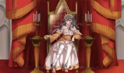  beta_(joutarou) breasts civilization_(series) civilization_v cleavage commentary_request crown earrings elizabeth_i female grey_hair jewelry large_breasts name_connection orange_eyes queen_elizabeth_(warship_girls_r) sitting throne warship_girls_r 