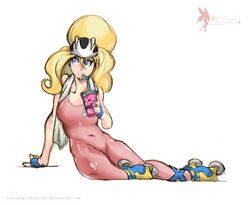  bicycle_helmet blonde_hair blue_eyes bodysuit breasts drink drinking drinking_straw fingerless_gloves francesco_simioni gloves helmet koruni_(pokemon) large_breasts long_hair navel pink_bodysuit pokemon pokemon_(game) pokemon_xy ponytail roller_skates sitting skates solo towel towel_around_neck yokozuwari 