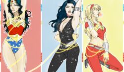  3girls amazon armband armor bangle bare_shoulders belt black_hair blonde_hair blue_eyes boots bracelet breasts bubble_gum bubblegum cassandra_sandsmark choker cleavage dc_comics donna_troy earrings family female hairband headband jewelry lasso leaning midriff multiple_girls realistic red_pants red_shirt rope shirt siblings sisters star star_print stars strapless superhero troia wallpaper wonder_girl wonder_woman wonder_woman_(series) 