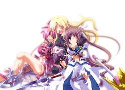  3girls blonde_hair blood boots brown_eyes closed_eyes commentary_request fate_testarossa holding_hands injury jacket kazekawa_nagi laevatein_(nanoha) long_hair lyrical_nanoha magazine_(weapon) magical_girl mahou_shoujo_lyrical_nanoha_strikers military military_uniform multiple_girls no_panties one_eye_closed open_clothes open_jacket open_mouth pink_hair purple_eyes raising_heart red_hair side_ponytail signum smile sword takamachi_nanoha tears torn_clothes uniform waist_cape weapon 