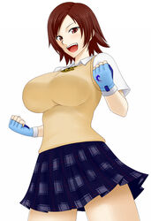  blush breasts brown_eyes brown_hair commentary_request do_konjouuo female fingerless_gloves gloves kazama_asuka large_breasts open_mouth school_uniform short_hair skirt smile sweater_vest tekken 