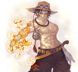  1boy bad_id bad_pixiv_id belt brown_eyes brown_hair fire freckles grin hat jewelry katsutake male_focus muscular necklace one_piece portgas_d._ace smile smirk solo topless_male white_background 