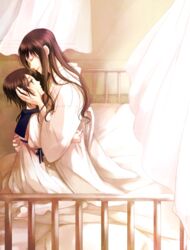  2girls asou_misaki bad_id bad_pixiv_id bed brown_hair curtains dress fatal_frame fatal_frame_4 haibara_sakuya japanese_clothes kimono koko_(oyasuminasai) long_hair multiple_girls short_hair 