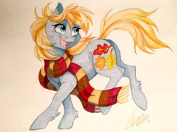  2015 autumn_skye_(mlp) blue_eyes cutie_mark dvixie earth_pony equid equine female feral fur grey_body grey_fur hair hasbro horse leaf looking_back mammal mlp_g3 mostly_nude my_little_pony open_mouth open_smile orange_hair pony pre-g4 scarf scarf_only side_view smile solo 