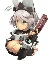  alternate_hair_color black_gloves blue_eyes bracelet breast_hold breasts cleavage collar dated elbow_gloves elphelt_valentine female gloves guilty_gear guilty_gear_xrd guilty_gear_xrd:_revelator gun hair_between_eyes handgun hat highres jewelry large_breasts pistol rokuro silver_hair smile solo spiked_bracelet spiked_collar spikes spoilers twitter_username upper_body weapon zaki_(narashigeo) 