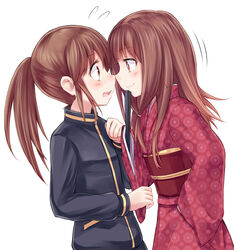  2girls blush brown_eyes brown_hair commentary_request hand_fan hand_on_own_hip jacket japanese_clothes kimono long_hair long_sleeves mihirogi_uta multiple_girls open_mouth ponytail saki_(manga) saki_achiga-hen short_hair smile standing staring suzushiro_yukari sweatdrop takakamo_shizuno track_jacket yuri 