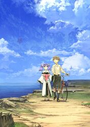  1boy anklet bare_shoulders bicycle clain_(fractale) cloud day female fractale hidari_(left_side) jewelry nessa_(fractale) ocean official_art outdoors purple_hair ribbon sandals scenery sky 