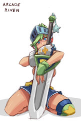  alternate_costume arcade_riven asymmetrical_gloves bankage blue_eyes breasts character_name convenient_censoring female fingerless_gloves gloves green_hair helmet huge_weapon kneeling league_of_legends medium_breasts mismatched_gloves planted planted_sword riven_(league_of_legends) shorts sideboob solo sword topless weapon 