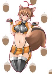  animal_ears blazblue breasts brown_hair commentary_request crop_top female highres large_breasts makoto_nanaya midriff navel red_eyes solo squirrel_ears squirrel_girl squirrel_tail tail tumekui underboob 