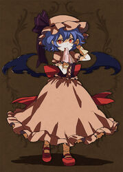  bat_wings blood blue_hair commentary_request corset dress female full_body gloves handkerchief hat hat_ribbon mary_janes mattie orange_eyes pointy_ears red_footwear remilia_scarlet ribbon shoes short_hair solo touhou wings 