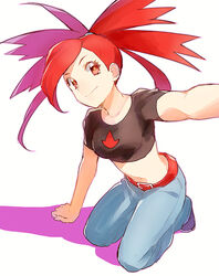  arm_support babydoll_t-shirt bad_id bad_pixiv_id belt commentary_request crop_top cropped_shirt denim female flannery_(pokemon) jeans kurochiroko long_hair looking_at_viewer midriff navel pants photoshop_(medium) pokemon pokemon_rse reaching reaching_towards_viewer red_eyes red_hair red_pupils selfie smile solo white_background 