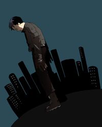  1boy batman_(series) boots city dc_comics full_body gloves jacket jason_todd male male_focus profile red_hood red_hood_(dc) slouch solo standing 