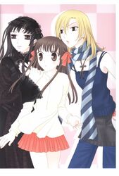  3girls bangs black_dress black_hair blonde_hair bolo_tie bow brown_eyes brown_hair camisole earrings fringe fruits_basket gothic hair_ribbon hairbow hanajima_saki hand_on_hip honda_tooru jeans lace long_hair nail_polish official_art ribbon scarf skirt striped_scarf trio uotani_arisa 