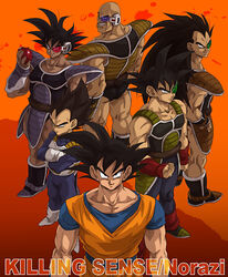  6+boys armor bardock black_eyes black_hair boots clenched_hand dragon_ball dragon_ball_z eyebrows fist frown gloves grin long_hair looking_at_viewer looking_back male male_focus multiple_boys muscle nappa raditz scouter smile son_gokuu spiked_hair tail thick_eyebrows tullece turles vegeta 